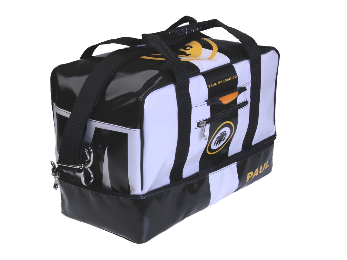 BORSA BAGAGLIO A MANO MISURE 40 X 20 X 25 CM. BIANCA E NERA. MODELLO FLYME IN TELONE CAMION.