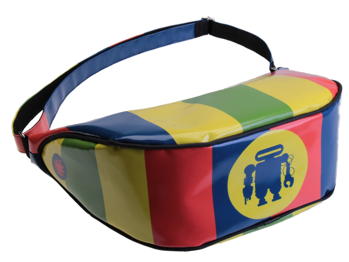 BORSA MEZZALUNA MULTICOLORE FANTASIA RIGHE. MODELLO SPLIT IN TELONE CAMION.