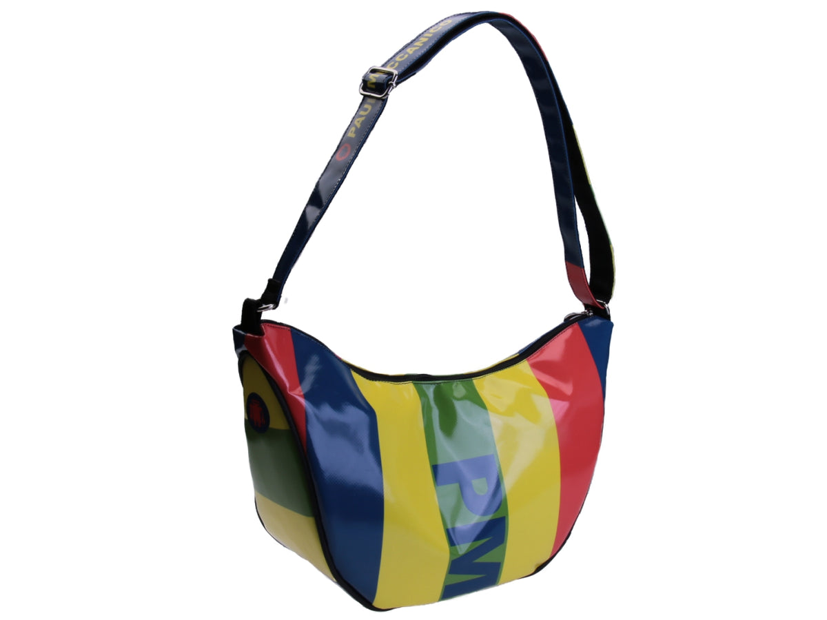 BORSA MEZZALUNA MULTICOLORE FANTASIA RIGHE. MODELLO SPLIT IN TELONE CAMION.