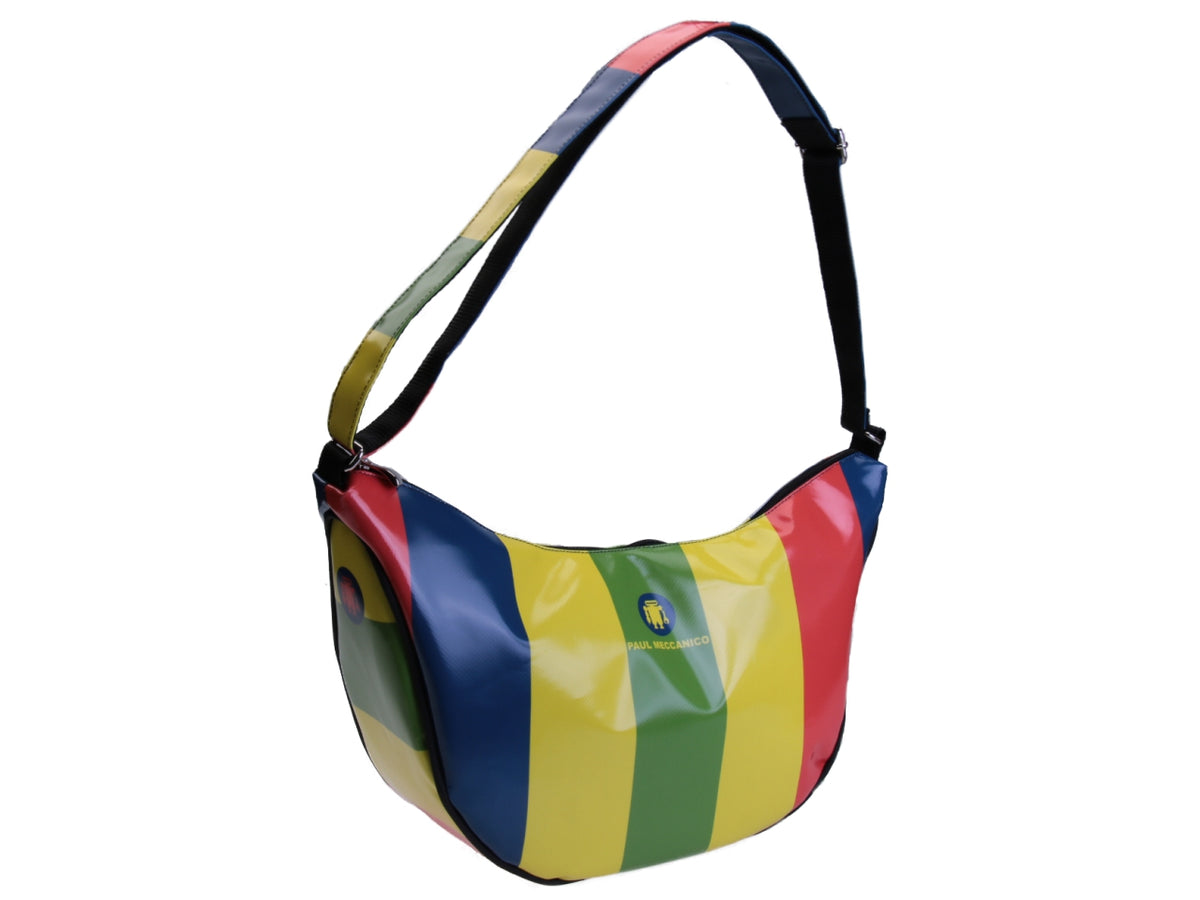BORSA MEZZALUNA MULTICOLORE FANTASIA RIGHE. MODELLO SPLIT IN TELONE CAMION.