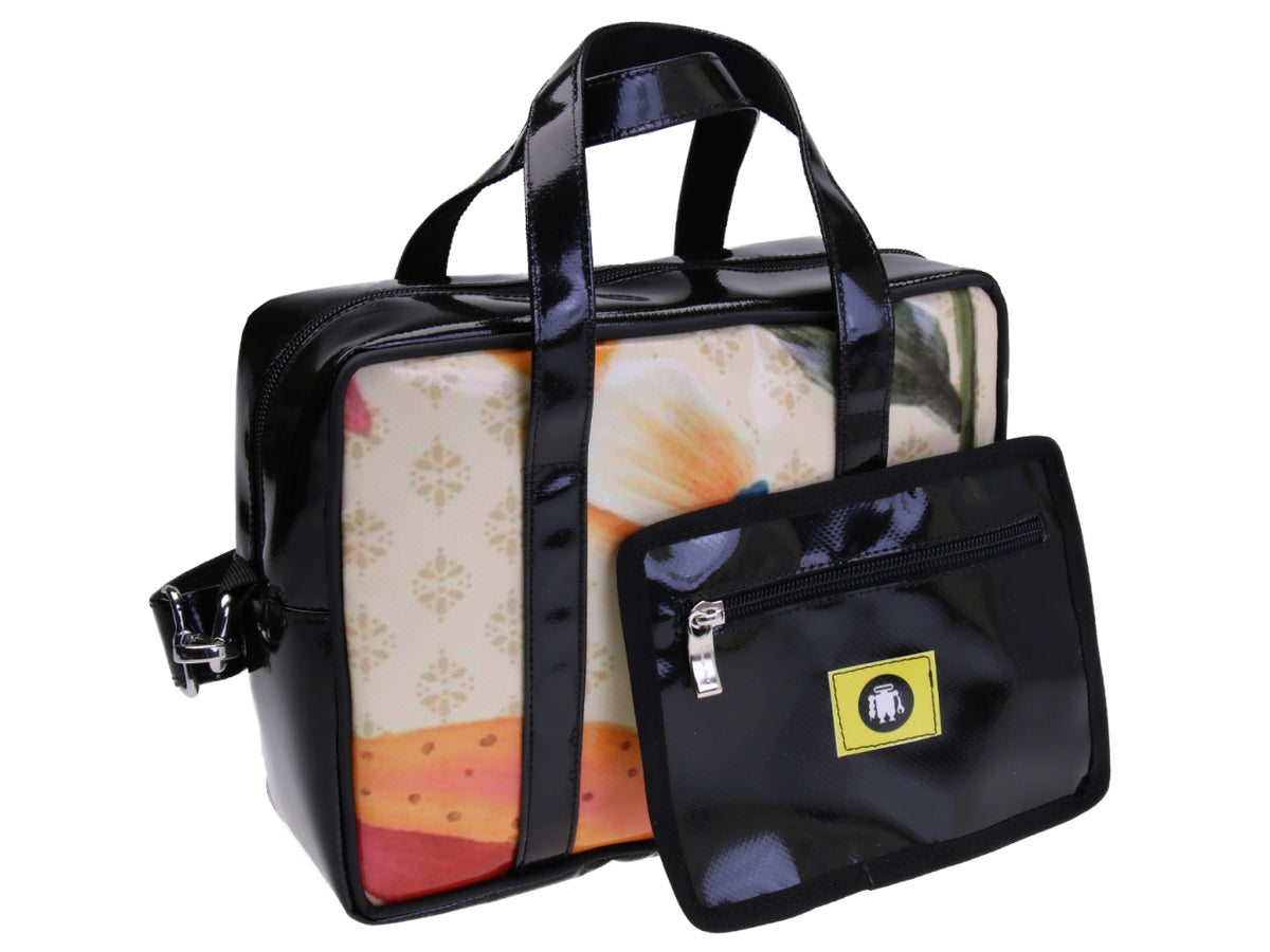 BORSA BAULETTO RETTANGOLARE DA DONNA FANTASIA FLOREALE. MODELLO PINCA REALIZZATO IN TELONE CAMION.