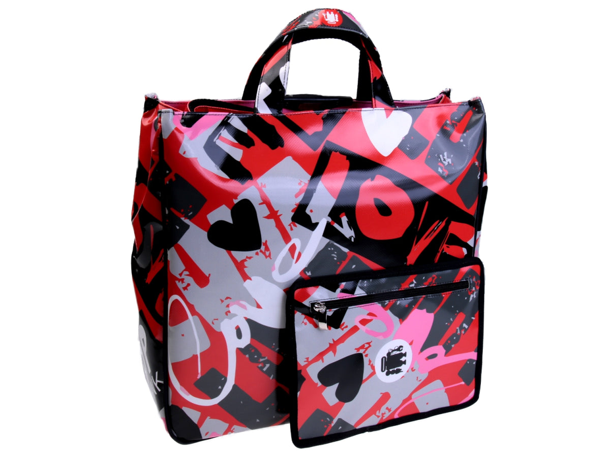 BORSA GRANDE DA DONNA ROSSA &quot;LOVE&quot;. MODELLO AIRSTONE IN TELONE CAMION.