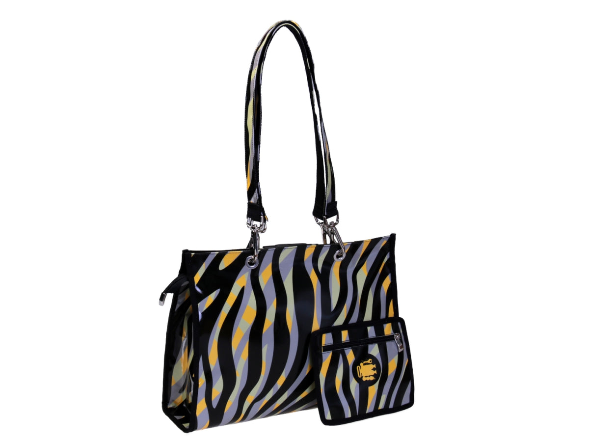 SHOPPER BAG NERA, GIALLA, GRIGIA E VERDE FANTASIA ASTRATTA. MODELLO PEPE IN TELONE CAMION.