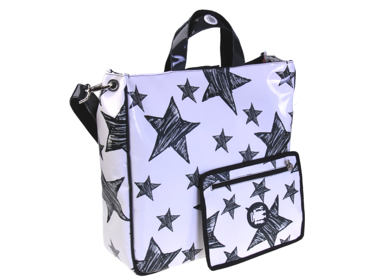BORSA GRANDE DA DONNA BIANCA CON STELLE. MODELLO AIRSTONE IN TELONE CAMION.