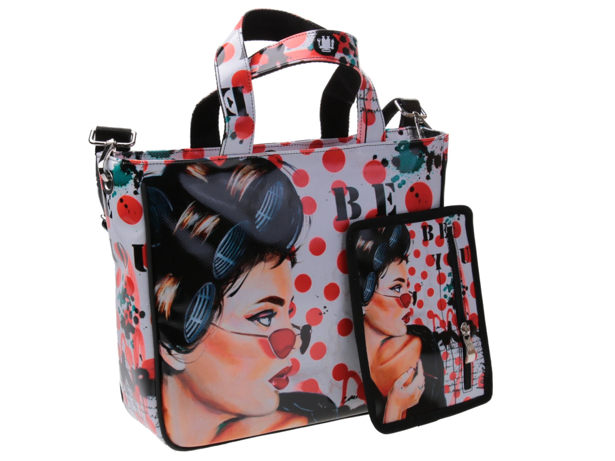 BORSA DONNA BIANCA &quot;BE YOU&quot; DISEGNATA DA BIANCA LEVER. MODELLO GLAM IN TELONE CAMION.