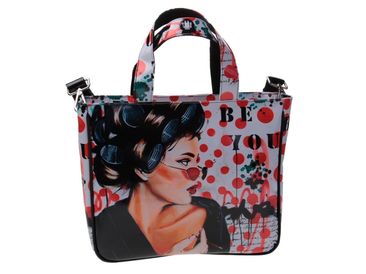 BORSA DONNA BIANCA &quot;BE YOU&quot; DISEGNATA DA BIANCA LEVER. MODELLO GLAM IN TELONE CAMION.