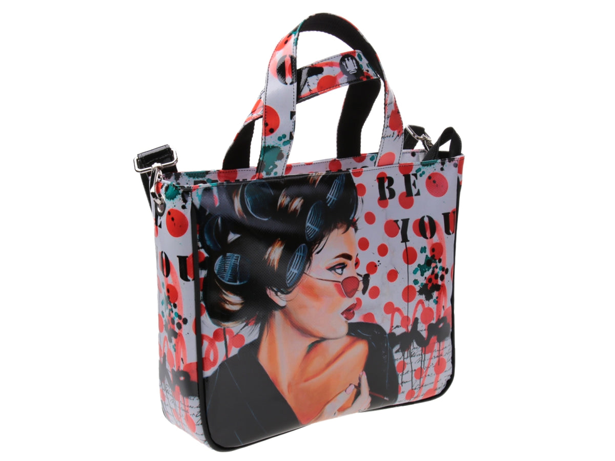 BORSA DONNA BIANCA &quot;BE YOU&quot; DISEGNATA DA BIANCA LEVER. MODELLO GLAM IN TELONE CAMION.