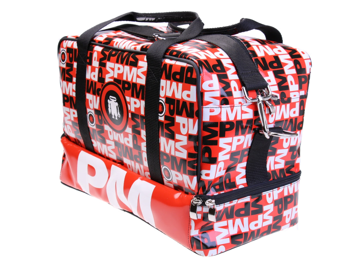 BORSA BAGAGLIO A MANO MISURE 40 X 20 X 25 CM. ROSSA FANTASIA LETTERING. MODELLO FLYME IN TELONE CAMION.