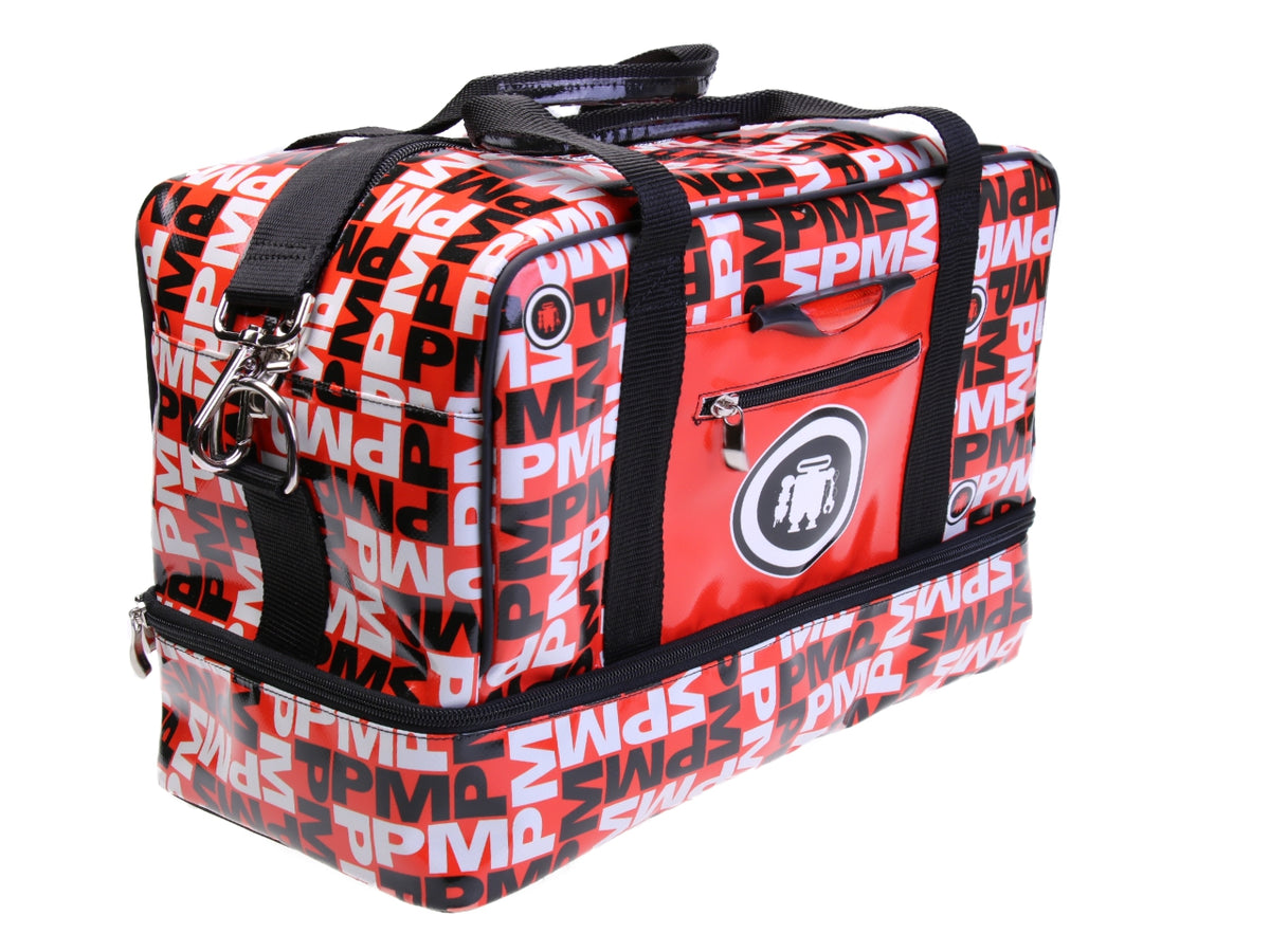 BORSA BAGAGLIO A MANO MISURE 40 X 20 X 25 CM. ROSSA FANTASIA LETTERING. MODELLO FLYME IN TELONE CAMION.