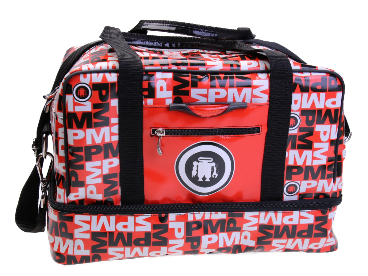 BORSA BAGAGLIO A MANO MISURE 40 X 20 X 25 CM. ROSSA FANTASIA LETTERING. MODELLO FLYME IN TELONE CAMION.