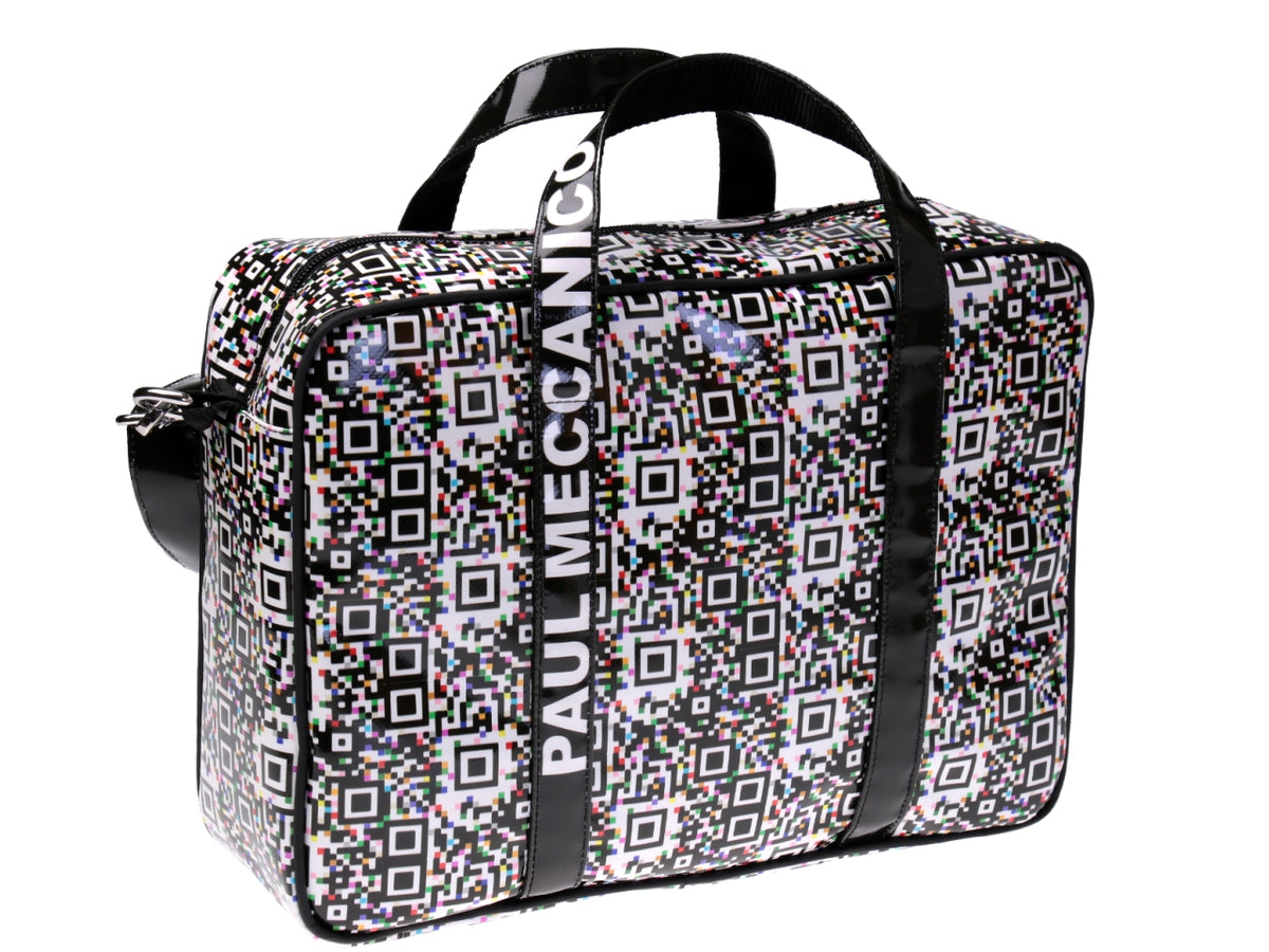 BORSA DONNA A CARTELLA BIANCA E NERA FANTASIA PIXEL. MODELLO KART IN TELONE CAMION.