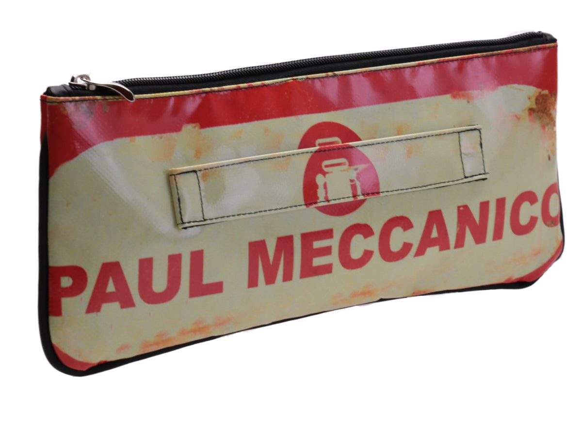 MAXI POCHETTE BEIGE E ARANCIONE &quot;ENTER AT YOUR OWN RISK&quot;. MODELLO RIBELLA IN TELONE CAMION.