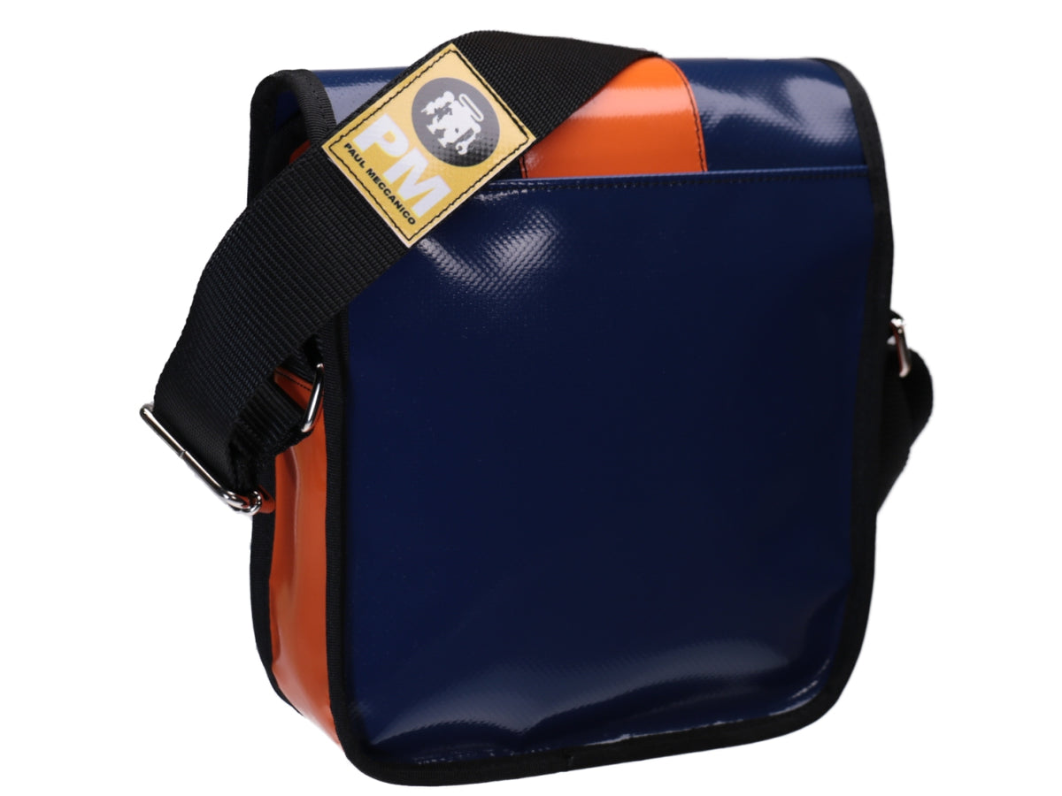 CROSSBODY BAG BLUE ORANGE COLOURS WITH METALLIC LOGO. MODEL MIPOK MADE OF LORRY TARPAULIN. - Unique Pieces Paul Meccanico