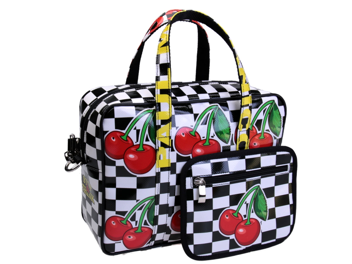 BLACK AND WHITE RECTANGULAR WOMEN&#39;S BAG &quot;CHERRIES&quot;. MODEL PINCA MADE OF LORRY TARPAULIN. - Unique Pieces Paul Meccanico
