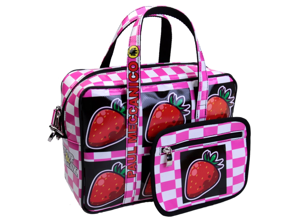 FUCHSIA AND WHITE RECTANGULAR WOMEN&#39;S BAG &quot;STRAWBERRIES&quot;. MODEL PINCA MADE OF LORRY TARPAULIN. - Unique Pieces Paul Meccanico