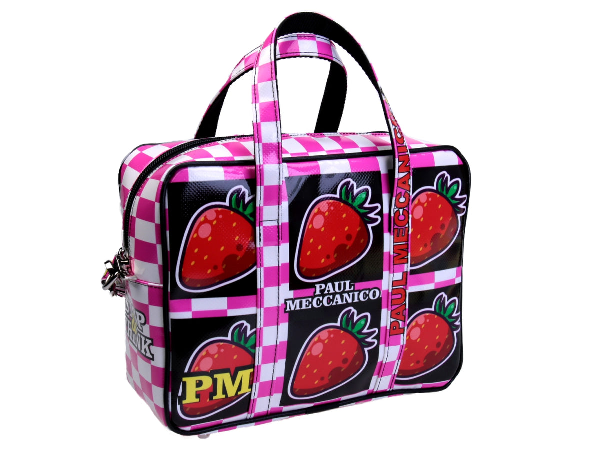 FUCHSIA AND WHITE RECTANGULAR WOMEN&#39;S BAG &quot;STRAWBERRIES&quot;. MODEL PINCA MADE OF LORRY TARPAULIN. - Unique Pieces Paul Meccanico