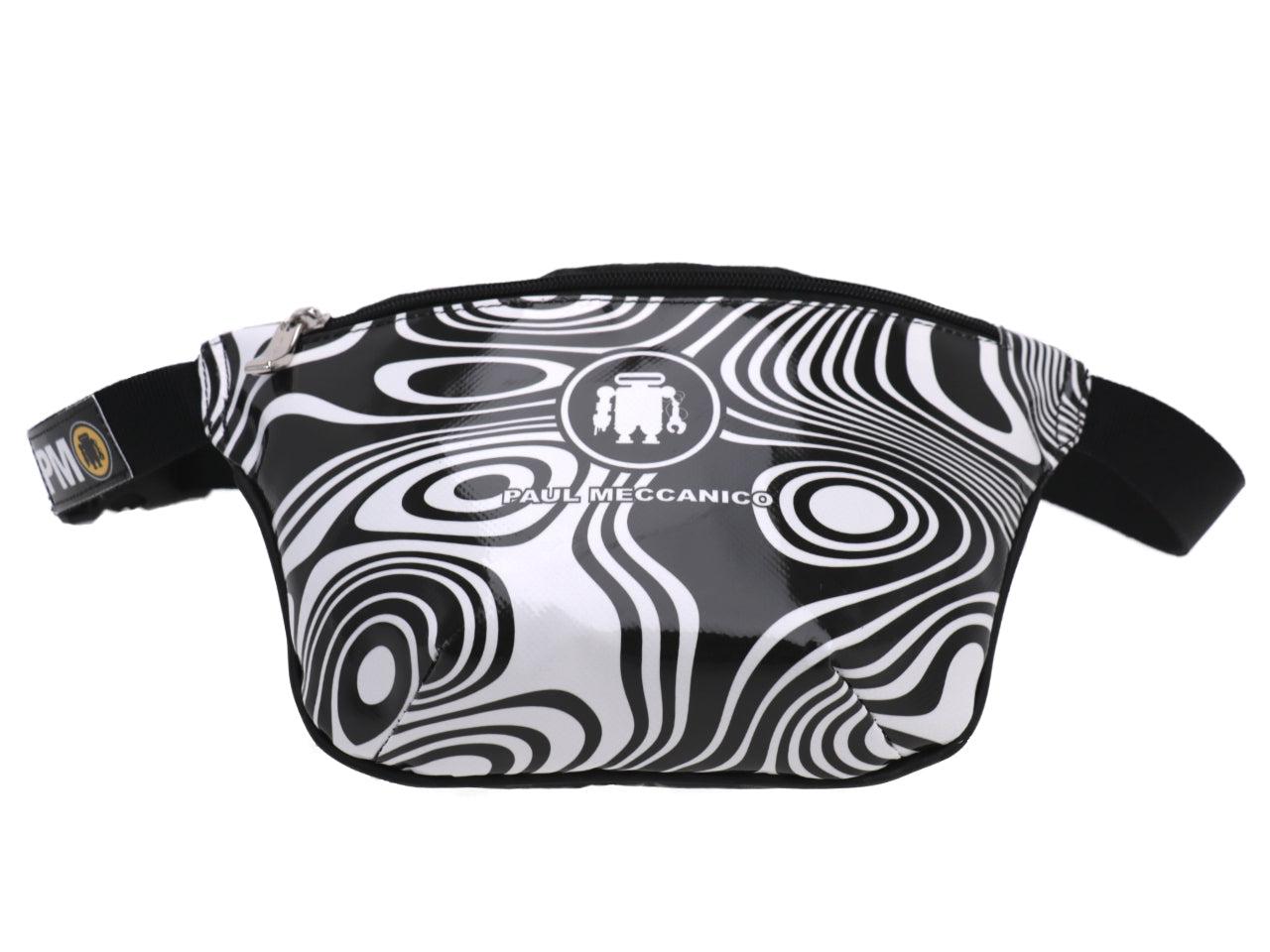 BLACK WAIST BAG WITH OPTICAL FANTASY. MODEL FLEX MADE OF LORRY TARPAULIN. - Limited Edition Paul Meccanico