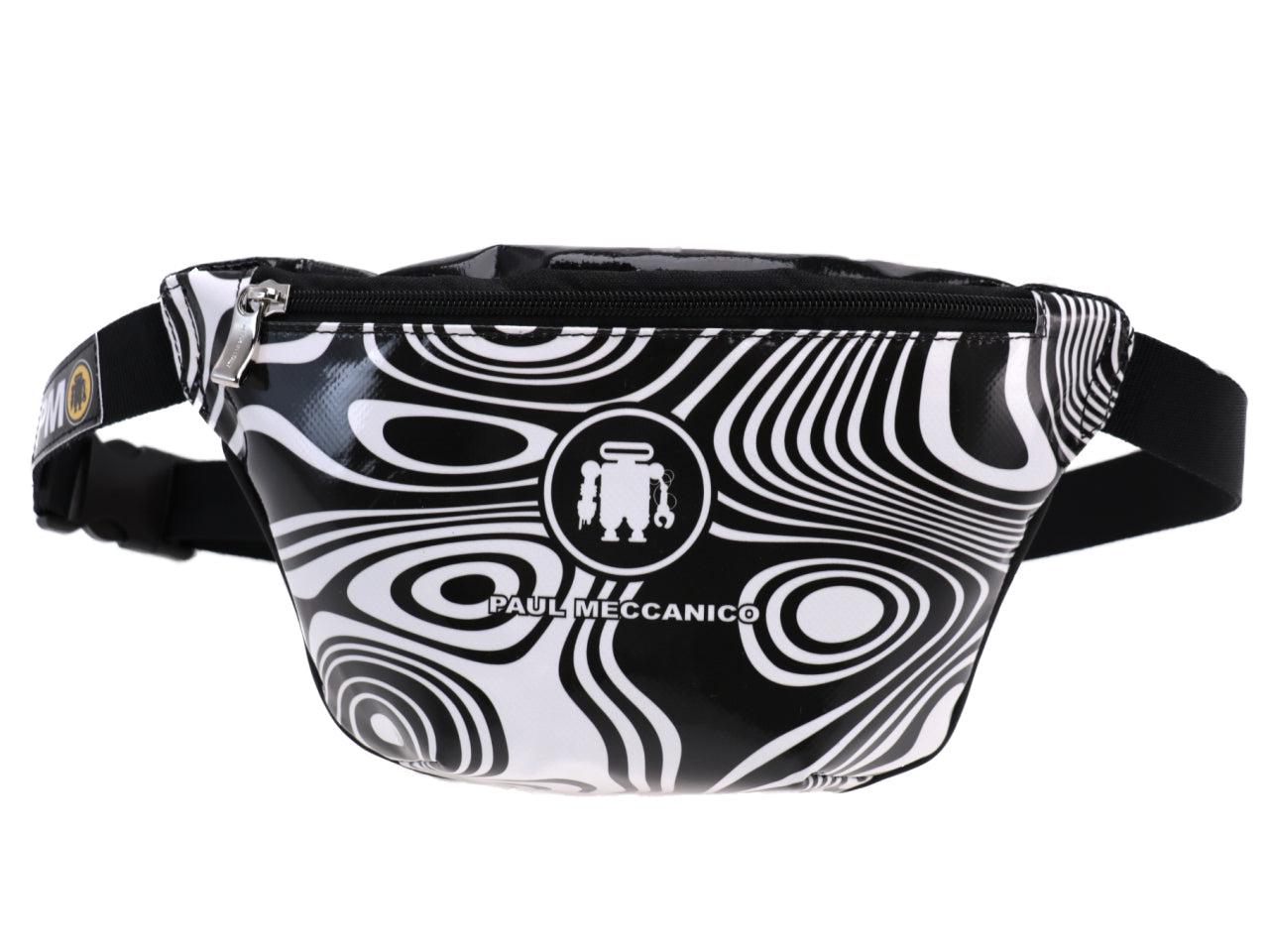 BLACK WAIST BAG WITH OPTICAL FANTASY. MODEL FLEX MADE OF LORRY TARPAULIN. - Limited Edition Paul Meccanico