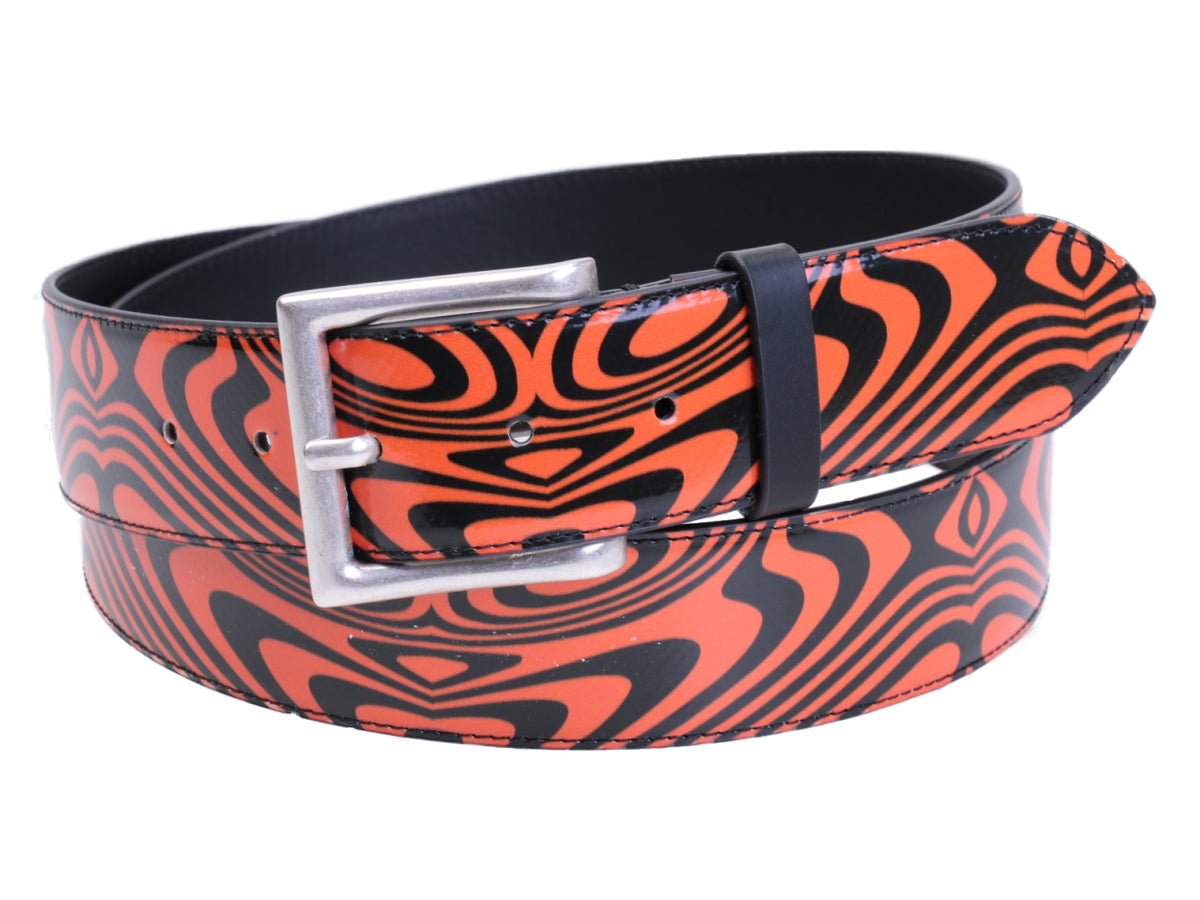 ORANGE AND BLACK MEN&#39;S BELT WITH OPTICAL FANTASY MADE OF LORRY TARPAULIN. - Unique Pieces Paul Meccanico