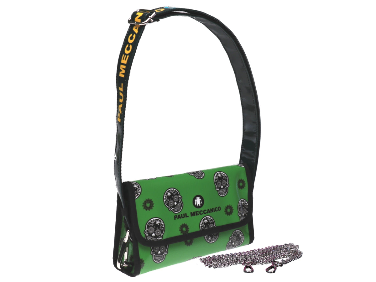 GREEN CLUTCH BAG &quot;SKULLS&quot;. MODEL CANDY MADE OF LORRY TARPAULIN. - Limited Edition Paul Meccanico