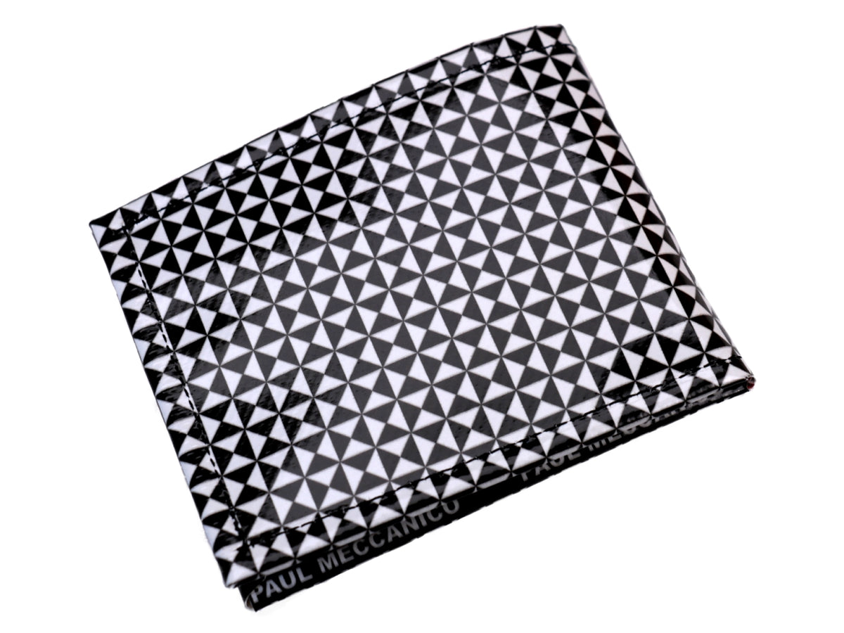 MEN&#39;S WALLET BLACK AND WHITE GEOMETRIC FANTASY. MODEL CRIK MADE OF LORRY TARPAULIN. - Limited Edition Paul Meccanico