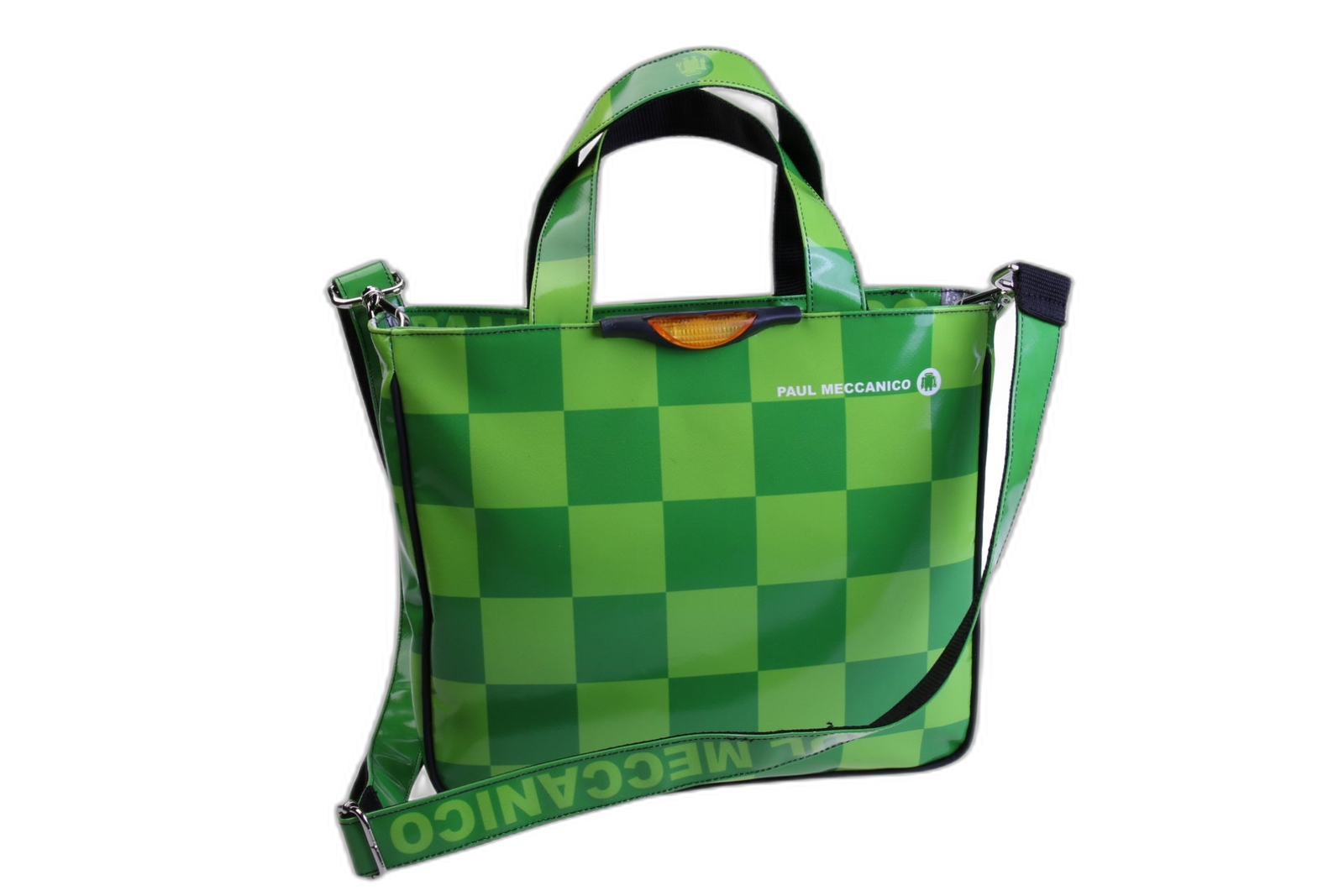 ..TOTE VERDE CON FANTASIA A SCACCHI. MODELLO GLAM REALIZZATO CON TELONI DI CAMION.