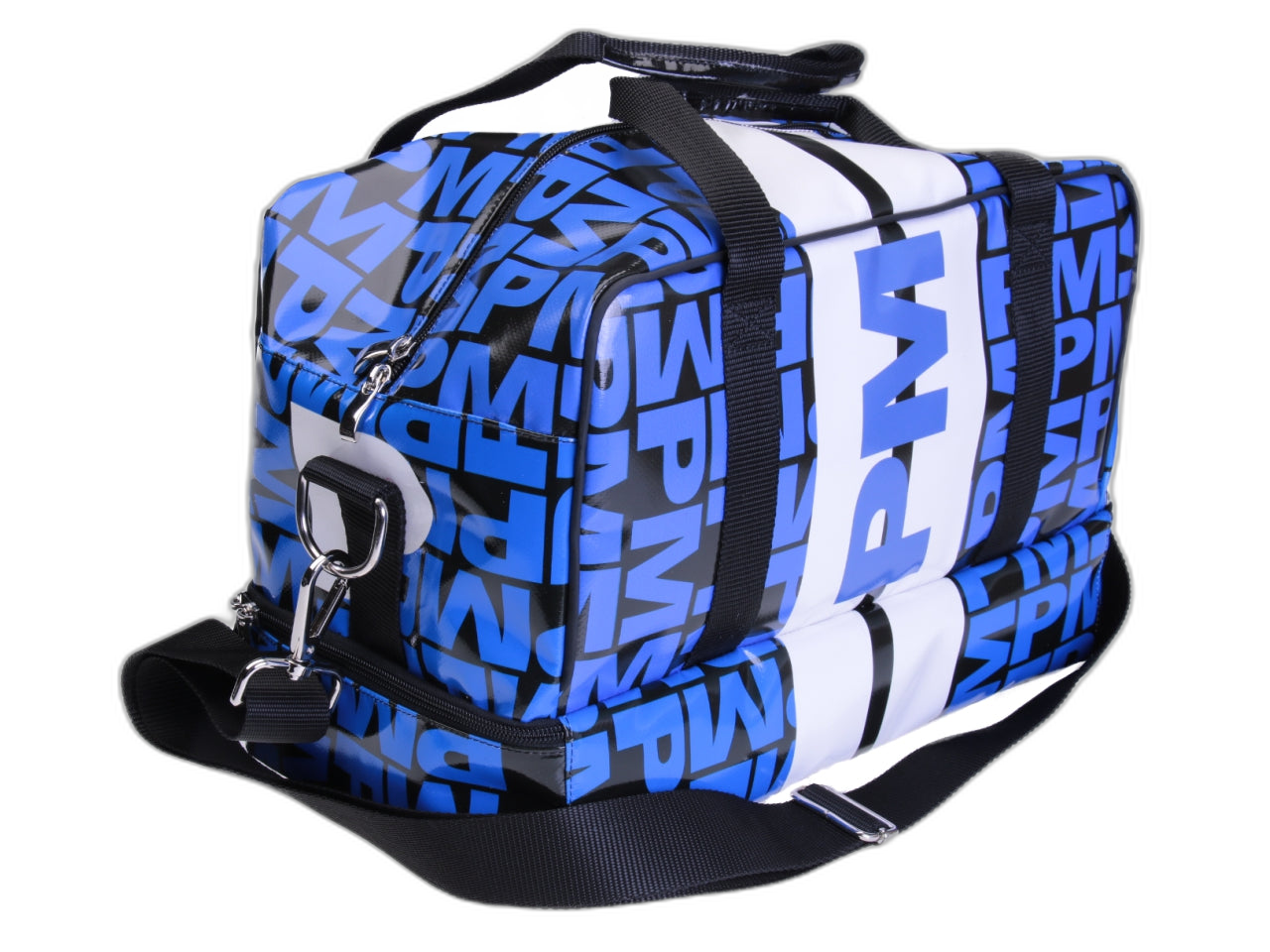 HAND LUGGAGE BAG BLACK, BLUE AND WHITE 40 X 20 X 25 CM. MODEL FLYME MADE OF LORRY TARPAULIN.
