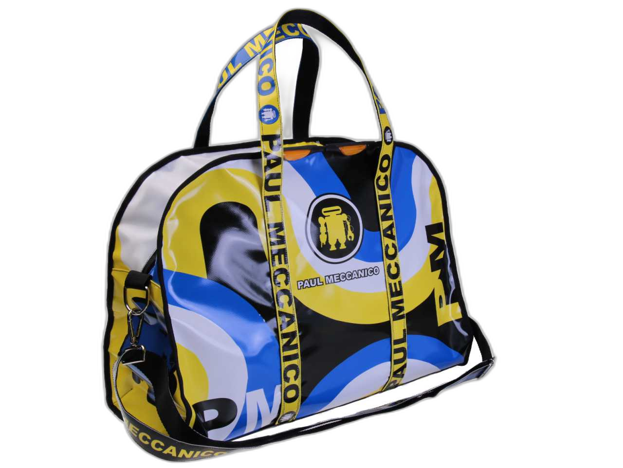 BORSA GRANDE DA VIAGGIO O SPORTIVA NEI COLORI GIALLO, AZZURRO E NERO. MODELLO RAID IN TELONE DA CAMION.