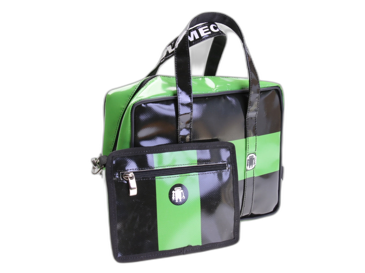 .... BORSA DA DONNA RETTANGOLARE NERA E VERDE. MODELLO PINCA IN TELONE DA CAMION.
