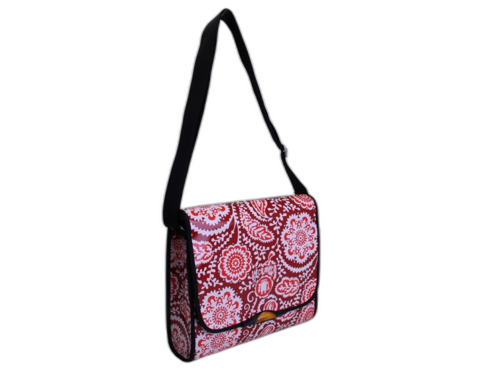 BORSA CROSSBODY ROSSA CON FANTASIA MAIOLICA. MODELLO BREAK REALIZZATO CON TELONI DI CAMION.