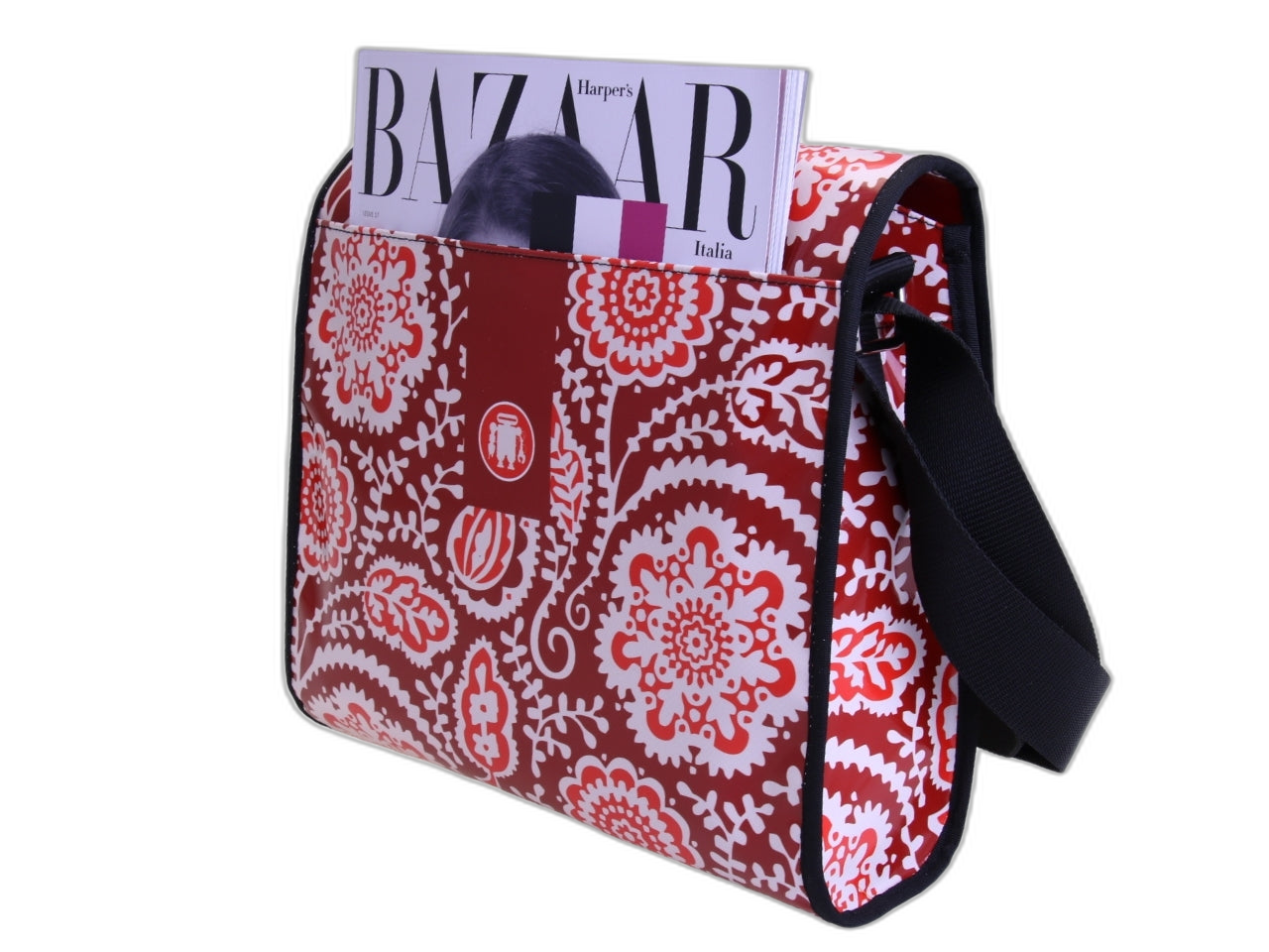 _ CROSSBODY BAG RED WITH MAJOLICA FANTASY. MODEL BREAK MADE OF LORRY TARPAULIN.