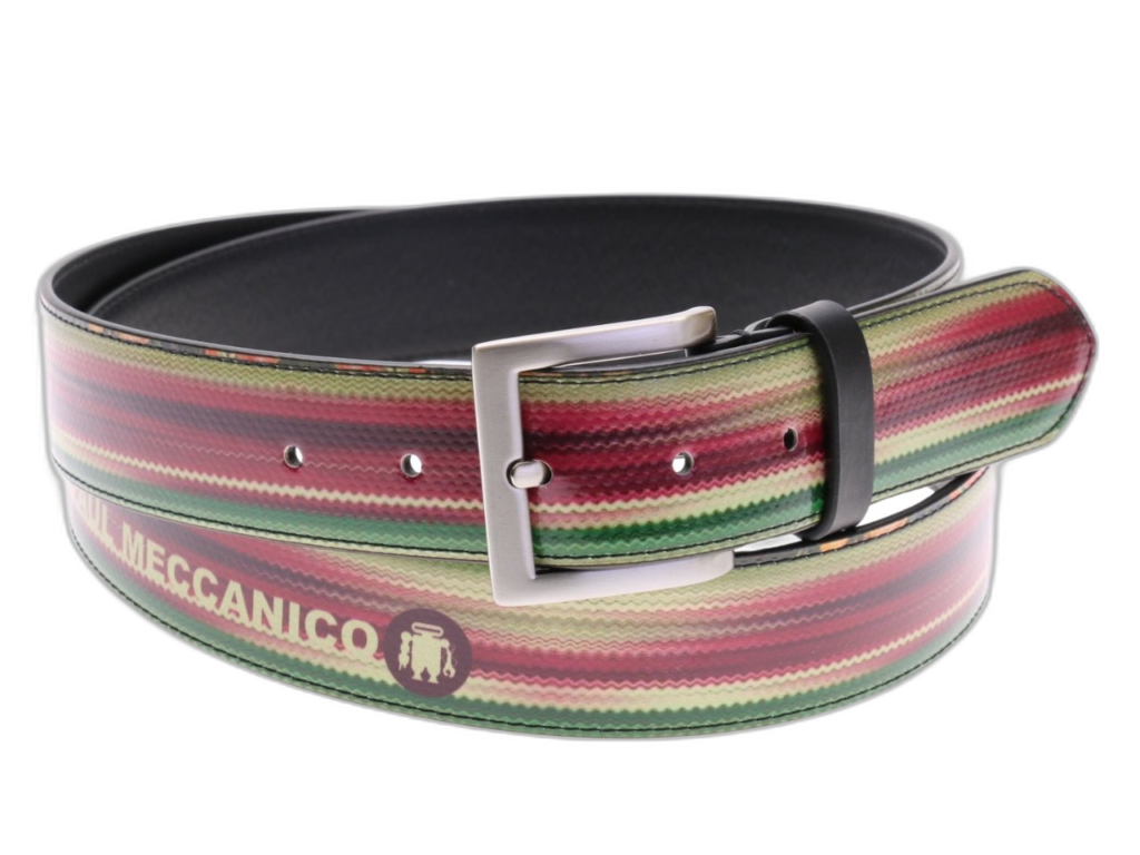 .CINTURA DA UOMO VIOLA, VERDE E BEIGE CON FANTASIA TIE DYE REALIZZATA CON TELONI DI CAMION.